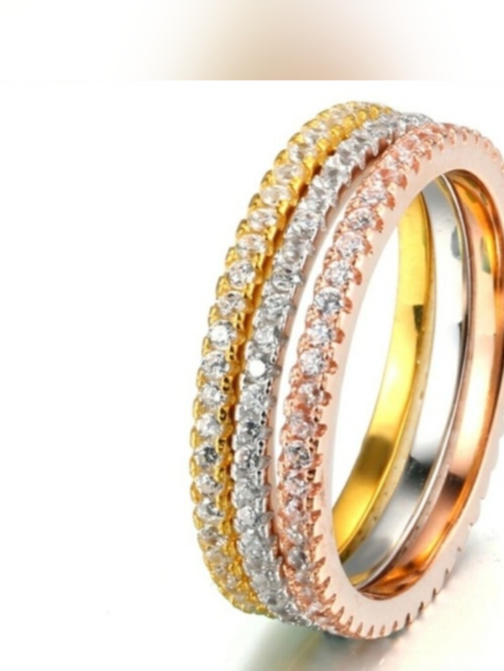 Tri-Tone Pave Crystal Stackable Ring - Gold Silver Rose Gold